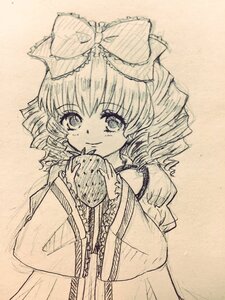 Rating: Safe Score: 0 Tags: 1girl bangs bow dress drill_hair eating eyebrows_visible_through_hair food graphite_(medium) hinaichigo holding holding_food image long_sleeves looking_at_viewer monochrome puffy_sleeves short_hair smile solo traditional_media wide_sleeves User: admin