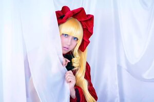 Rating: Safe Score: 0 Tags: 1girl bangs blonde_hair blue_eyes bonnet bow curtains dress lips long_hair shinku solo User: admin
