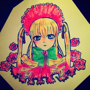 Rating: Safe Score: 0 Tags: 1girl blonde_hair blue_eyes blush bonnet bow bowtie dress flower green_bow image long_hair looking_at_viewer marker_(medium) photo pink_flower pink_rose red_flower red_rose rose shinku sidelocks simple_background solo traditional_media twintails yellow_background User: admin