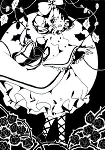 Rating: Safe Score: 0 Tags: 1girl bow dress drill_hair eyepatch flower frills greyscale hinaichigo image komeiji_koishi monochrome open_mouth rose short_hair solo third_eye thorns twin_drills white_rose User: admin