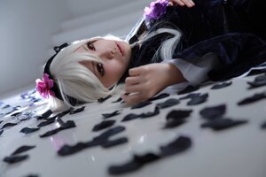 Rating: Safe Score: 0 Tags: 1girl blurry blurry_background blurry_foreground depth_of_field flower hair_flower hair_ornament lips long_hair looking_at_viewer lying realistic red_eyes ribbon solo suigintou User: admin