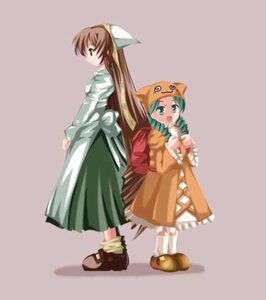 Rating: Safe Score: 0 Tags: 2girls animal_hat brown_hair green_eyes green_hair hat head_scarf image kanaria long_hair long_sleeves looking_at_viewer multiple_girls pair simple_background standing suiseiseki User: admin