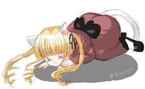 Rating: Safe Score: 0 Tags: 1girl animal_ears bangs black_footwear blonde_hair blush cat_ears closed_eyes hair_ribbon image long_hair shadow shinku solo striped tail twintails twitter_username vertical_stripes white_background User: admin