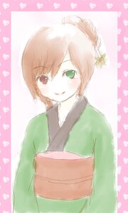 Rating: Safe Score: 0 Tags: 1girl blush brown_hair green_eyes heart heart_background heterochromia image japanese_clothes kimono looking_at_viewer pink_background red_eyes smile solo striped striped_background suiseiseki vertical_stripes User: admin