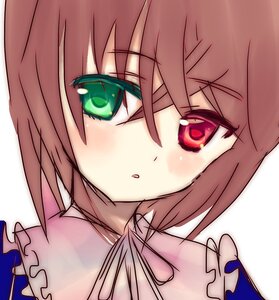 Rating: Safe Score: 0 Tags: 1girl blush brown_hair eyebrows_visible_through_hair frills green_eyes hair_between_eyes hariruri image looking_at_viewer short_hair simple_background solo souseiseki white_background User: admin