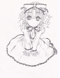 Rating: Safe Score: 0 Tags: 1girl blush bow dress drill_hair graphite_(medium) greyscale hair_bow hinaichigo image long_sleeves looking_at_viewer monochrome short_hair sitting solo traditional_media User: admin