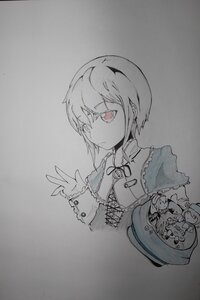 Rating: Safe Score: 0 Tags: 1girl closed_mouth image jewelry long_sleeves monochrome photo short_hair solo souseiseki spot_color traditional_media upper_body User: admin