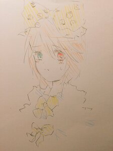 Rating: Safe Score: 0 Tags: 1girl bow crying eyebrows_visible_through_hair image looking_at_viewer short_hair solo souseiseki traditional_media yellow_bow User: admin