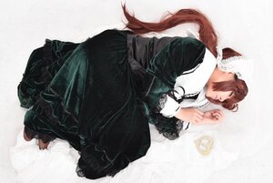 Rating: Safe Score: 0 Tags: 1girl black_dress brown_hair closed_eyes dress full_body long_hair long_sleeves on_side solo striped suiseiseki User: admin