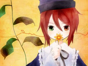 Rating: Safe Score: 0 Tags: 1girl flower frills green_eyes hat holding holding_flower image long_sleeves orange_background red_hair ribbon short_hair solo souseiseki User: admin