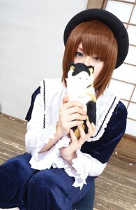 Rating: Safe Score: 0 Tags: 1girl animal bangs bench black_headwear brown_hair cat dress hat holding holding_animal holding_cat long_sleeves short_hair sitting solo souseiseki User: admin