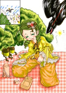 Rating: Safe Score: 0 Tags: 1girl bird blush dress drill_hair flower green_eyes green_hair image kanaria plaid solo User: admin