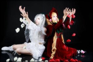 Rating: Safe Score: 0 Tags: 2girls blonde_hair blue_eyes boots doll_joints dress flower lips long_hair looking_at_viewer multiple_cosplay multiple_girls outstretched_hand rose shinku sitting tagme very_long_hair User: admin