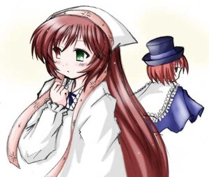 Rating: Safe Score: 0 Tags: blue_dress blush brown_hair dress green_eyes hat heterochromia image long_hair long_sleeves looking_at_viewer multiple_girls pair red_eyes siblings simple_background sisters souseiseki suiseiseki top_hat twins very_long_hair User: admin