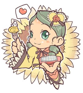 Rating: Safe Score: 0 Tags: 1girl blush card dress drill_hair flower food green_eyes green_hair heart holding_card image kanaria long_sleeves ribbon rose simple_background smile solo spoken_heart white_background User: admin