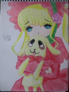 Rating: Safe Score: 0 Tags: 1girl bangs blonde_hair blue_eyes blush bonnet bow bowtie dress flower image long_hair long_sleeves looking_at_viewer marker_(medium) photo pink_bow red_flower rose shikishi shinku signature simple_background solo traditional_media upper_body User: admin