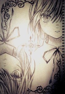 Rating: Safe Score: 0 Tags: close-up image looking_at_viewer monochrome neck_ribbon pair ribbon ribbon_choker short_hair solo souseiseki suiseiseki traditional_media User: admin