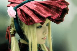 Rating: Safe Score: 0 Tags: 1girl blonde_hair blue_eyes face flower hat lips lipstick long_hair makeup portrait profile ribbon shinku solo User: admin