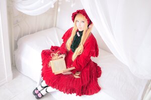 Rating: Safe Score: 0 Tags: 1girl blonde_hair blue_eyes bonnet curtains dress flower long_hair long_sleeves mary_janes pantyhose red_dress rose shinku shoes sitting solo white_legwear User: admin
