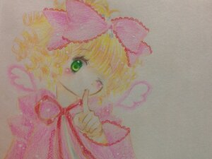 Rating: Safe Score: 0 Tags: 1girl blonde_hair bow finger_to_mouth green_eyes hair_bow hina_ichigo hinaichigo image index_finger_raised looking_at_viewer pink_bow ribbon short_hair shushing simple_background solo traditional_media upper_body User: admin