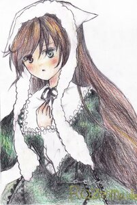 Rating: Safe Score: 0 Tags: 1girl black_ribbon blush brown_hair dress eyebrows_visible_through_hair frills fur_trim green_dress heterochromia image long_hair long_sleeves looking_at_viewer marker_(medium) ribbon simple_background solo suiseiseki traditional_media very_long_hair white_background User: admin