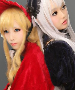 Rating: Safe Score: 0 Tags: 2girls bangs blonde_hair blue_eyes eyelashes flower grey_background lips long_hair looking_at_viewer looking_back multiple_cosplay multiple_girls realistic ribbon shinku simple_background tagme User: admin