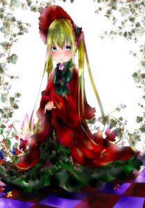 Rating: Safe Score: 0 Tags: 1girl argyle argyle_background blonde_hair blue_eyes blush bonnet bow bowtie checkered checkered_background checkered_floor dress flower image long_hair looking_at_viewer pantyhose red_dress rose shinku sitting solo tile_floor tiles twintails User: admin