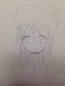 Rating: Safe Score: 0 Tags: 1girl animal_ears bangs eyebrows_visible_through_hair hair_between_eyes image long_sleeves looking_at_viewer monochrome simple_background sketch sleeves_past_wrists solo souseiseki traditional_media upper_body yumeki_kokoro User: admin