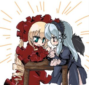 Rating: Safe Score: 0 Tags: 2girls blonde_hair blush dress frills hairband image long_hair long_sleeves looking_at_another multiple_girls open_mouth pair red_dress red_eyes shinku silver_hair suigintou very_long_hair white_background wings User: admin