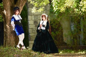 Rating: Safe Score: 0 Tags: 2girls blue_dress brown_eyes brown_hair dress flower grass hat long_hair long_sleeves multiple_cosplay multiple_girls nun outdoors pantyhose plant skirt smile standing tagme tree white_legwear User: admin