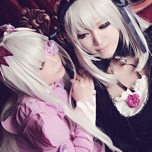 Rating: Safe Score: 0 Tags: 2girls bangs blonde_hair choker closed_eyes closed_mouth dress dual_persona flower hair_ornament hairband lips long_hair long_sleeves multiple_cosplay multiple_girls realistic rose silver_hair smile suigintou tagme upper_body User: admin
