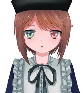 Rating: Safe Score: 0 Tags: 1girl :o apron bangs black_ribbon blush brown_hair eyebrows_visible_through_hair frills hat image looking_at_viewer ribbon short_hair simple_background solo souseiseki striped swept_bangs upper_body white_background User: admin