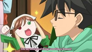 Rating: Safe Score: 0 Tags: 1boy 1girl :d black_hair blush_stickers brown_hair green_eyes image open_mouth ribbon smile solo sparkle subtitled suiseiseki User: admin