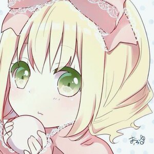 Rating: Safe Score: 0 Tags: 1girl :3 auto_tagged bare_shoulders blonde_hair choker close-up closed_mouth eyebrows_visible_through_hair green_eyes hinaichigo holding image looking_at_viewer portrait signature solo User: admin