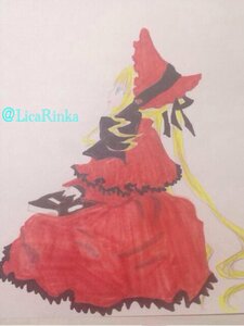 Rating: Safe Score: 0 Tags: 1girl blonde_hair bow dress facing_away hakurei_reimu hat image long_hair long_sleeves red_dress shinku skirt solo striped traditional_media User: admin