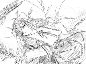 Rating: Safe Score: 0 Tags: 1girl auto_tagged dress frills greyscale hairband image long_hair long_sleeves looking_at_viewer lying monochrome solo suiseiseki User: admin