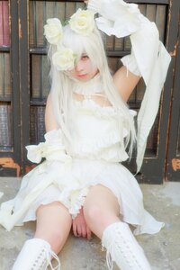 Rating: Safe Score: 0 Tags: 1girl bangs bare_shoulders dress flower kirakishou lips long_hair sitting solo white_dress white_flower white_footwear white_hair white_rose yellow_eyes User: admin