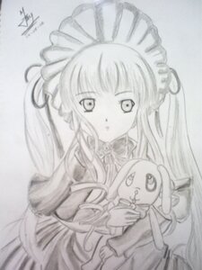 Rating: Safe Score: 0 Tags: 1girl dress holding image long_hair long_sleeves looking_at_viewer monochrome photo shinku simple_background solo stuffed_animal upper_body very_long_hair User: admin