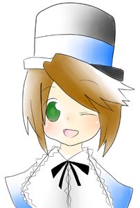 Rating: Safe Score: 0 Tags: 1girl black_ribbon blush brown_hair eyebrows_visible_through_hair frills green_eyes hat image looking_at_viewer one_eye_closed open_mouth ribbon short_hair simple_background smile solo souseiseki striped swept_bangs vertical_stripes white_background User: admin