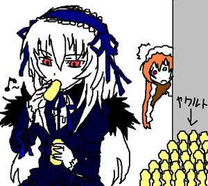 Rating: Safe Score: 0 Tags: 2girls ? dress eating eighth_note food green_eyes hairband image lolita_hairband long_hair long_sleeves multiple_girls musical_note red_eyes solo suigintou wings User: admin