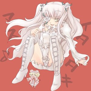 Rating: Safe Score: 0 Tags: blonde_hair boots chibi cross-laced_footwear dress eyepatch flower frills green_eyes hair_ornament hinaichigo image kirakishou knee_boots lace-up_boots long_hair long_sleeves multiple_girls pair pink_hair red_background rose thigh_boots thighhighs white_rose User: admin