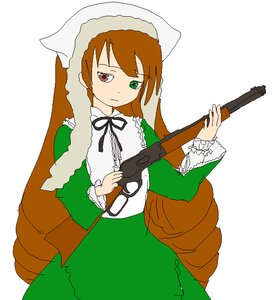 Rating: Safe Score: 0 Tags: 1girl brown_hair dress green_dress green_eyes gun heterochromia holding holding_gun image long_hair long_sleeves red_eyes ribbon rifle simple_background solo suiseiseki weapon white_background User: admin