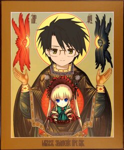 Rating: Safe Score: 0 Tags: 1boy 1girl bangs bird blonde_hair blue_eyes bonnet bow bowtie dress glasses green_bow image long_hair long_sleeves looking_at_viewer red_dress shinku solo User: admin