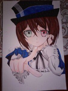 Rating: Safe Score: 0 Tags: 1girl auto_tagged brown_hair closed_mouth eyebrows_visible_through_hair hat heterochromia image index_finger_raised long_sleeves looking_at_viewer marker_(medium) photo pointing red_eyes ribbon shikishi short_hair simple_background smile solo souseiseki traditional_media User: admin