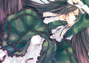 Rating: Safe Score: 0 Tags: 1girl arms_up dress frills green_dress green_eyes hairband heterochromia image lolita_fashion long_hair long_sleeves lying on_back pantyhose red_eyes solo suiseiseki very_long_hair white_legwear User: admin