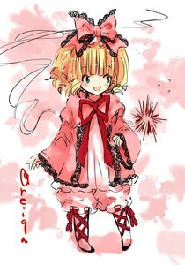 Rating: Safe Score: 0 Tags: 1girl blonde_hair bloomers blush bow dress frills green_eyes hair_bow hina_ichigo hinaichigo image long_sleeves open_mouth pink_bow short_hair smile solo User: admin