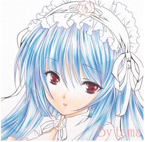 Rating: Safe Score: 0 Tags: 1girl bangs blue_hair eyebrows_visible_through_hair flower hair_flower hair_ornament image looking_at_viewer marker_(medium) pink_flower pink_rose portrait red_eyes red_rose ribbon rose simple_background solo suigintou traditional_media white_background white_flower white_rose User: admin