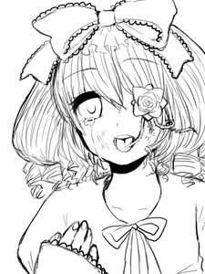 Rating: Safe Score: 0 Tags: 1girl blush bow costume_switch crying crying_with_eyes_open drill_hair greyscale hair_bow image kagiyama_hina monochrome ribbon saliva solo tears User: admin