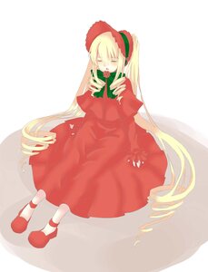 Rating: Safe Score: 0 Tags: 1girl blonde_hair bonnet bow bowtie capelet closed_eyes dress drill_hair flower full_body image long_hair long_sleeves red_dress rose shinku shoes sitting solo very_long_hair User: admin