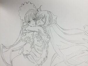 Rating: Safe Score: 0 Tags: 2girls bow closed_eyes dress frills greyscale hat hug image long_hair long_sleeves monochrome multiple_girls open_mouth pair shinku sketch suiseiseki traditional_media very_long_hair yuri User: admin